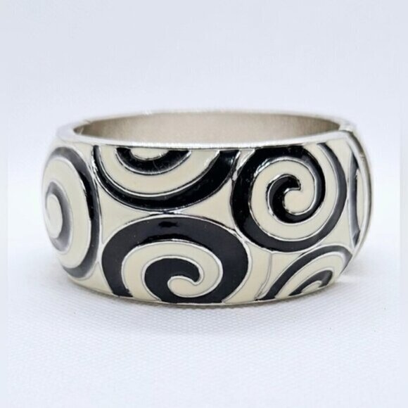 Enamel Black & Cream Swirl Design Silver Tone Hinge Cuff Bracelet - Picture 3 of 6